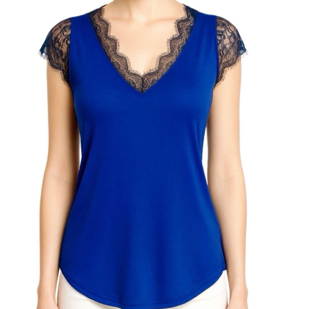 Nine Eight Lace Blue Black Women’s Blouse Top Small Short Sleeves